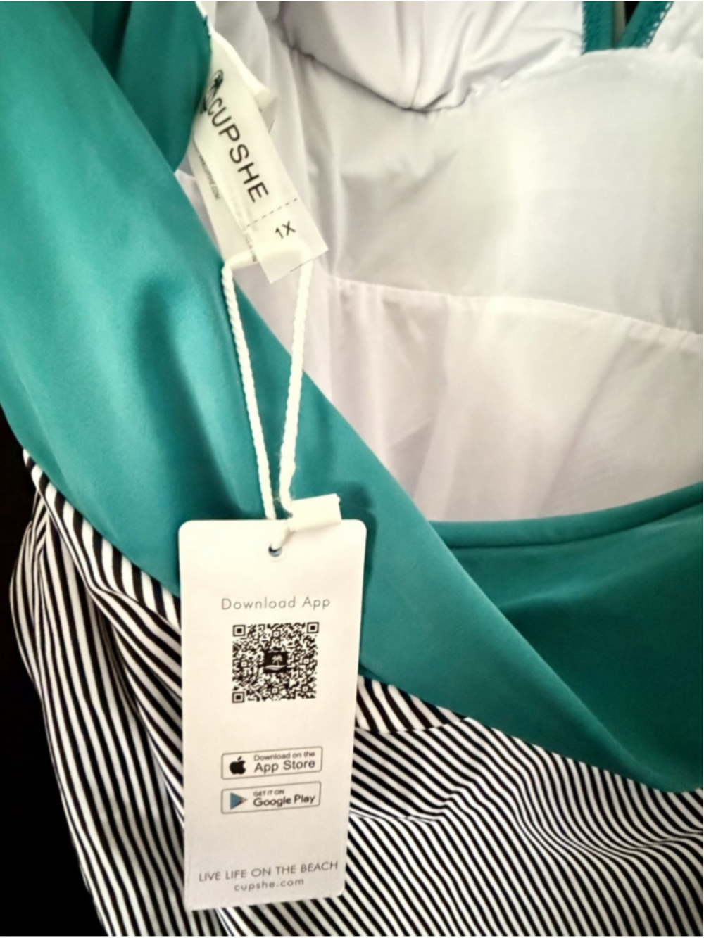 🇺🇸 Cupshe One Piece Swimsuit 1X Teal Halter Plunge Striped Bottom NWT - Picture 7 of 9